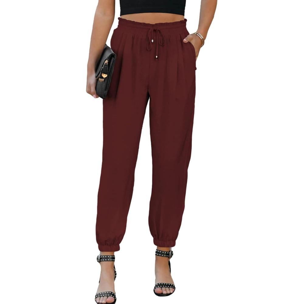 imageEVALESS Womens 2025 Summer Casual Pants Drawstring Elastic High Waisted Work Trousers Joggers Trendy Harem Pants with PocketsB Red