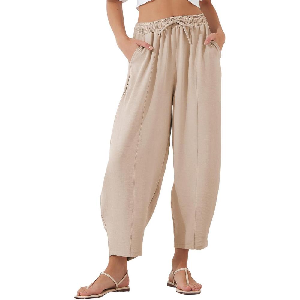 imageEVALESS Womens Summer High Waisted Baggy Pants Casual Ankle Length Trouser Slacks with PocketsApricot