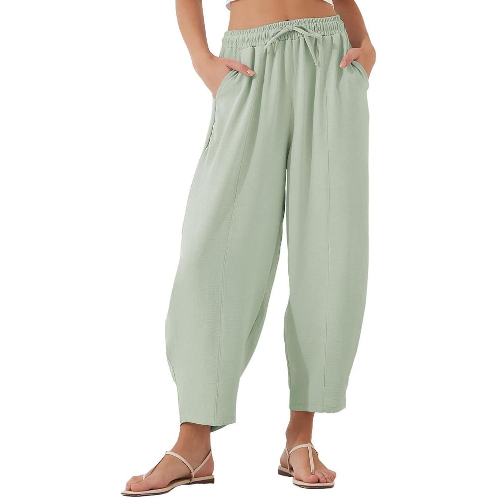 imageEVALESS Womens Summer High Waisted Baggy Pants Casual Ankle Length Trouser Slacks with PocketsClearly Aqua