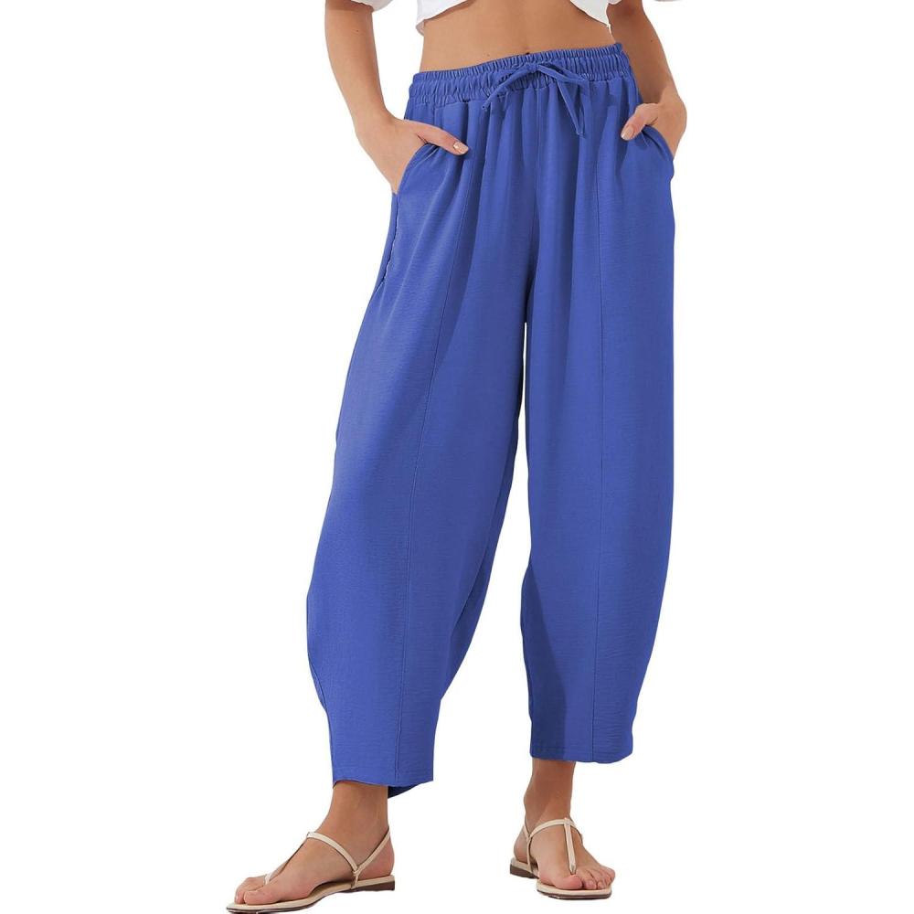 imageEVALESS Womens Summer High Waisted Baggy Pants Casual Ankle Length Trouser Slacks with PocketsDark Blue
