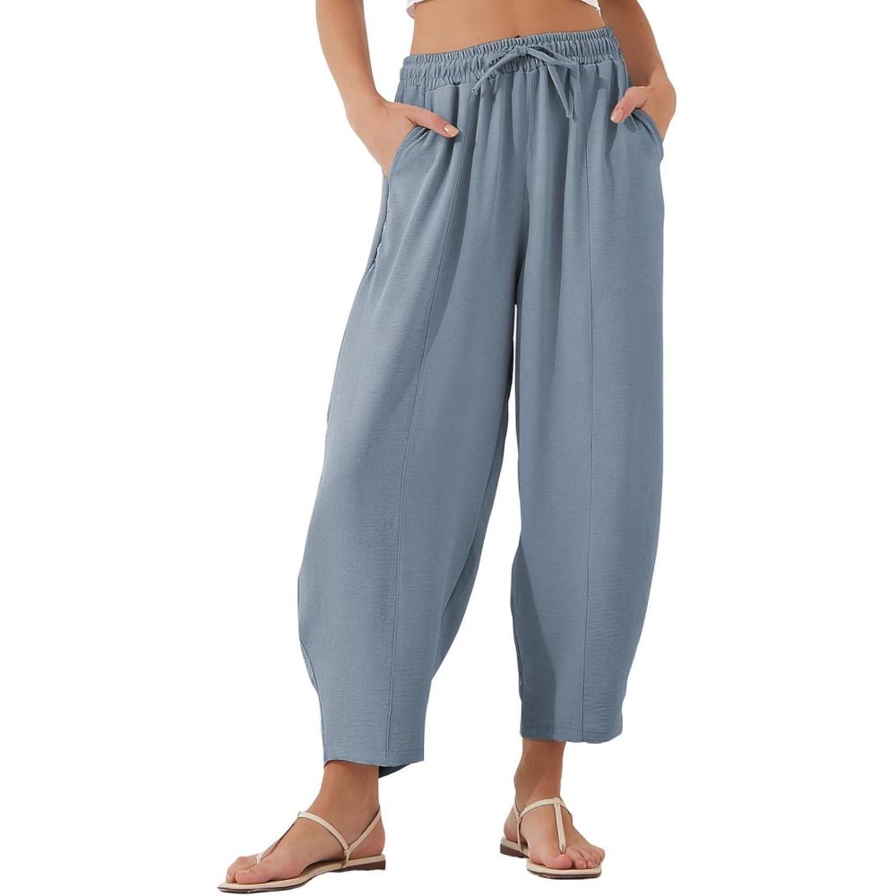 imageEVALESS Womens Summer High Waisted Baggy Pants Casual Ankle Length Trouser Slacks with PocketsDusk Blue