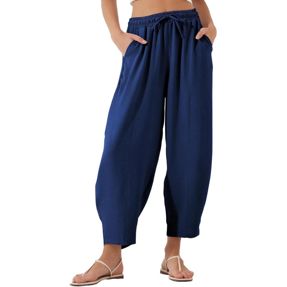 imageEVALESS Womens Summer High Waisted Baggy Pants Casual Ankle Length Trouser Slacks with PocketsNavy Blue