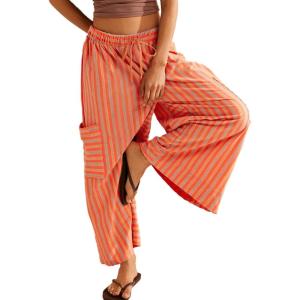 imageEVALESS Women Palazzo Pants Summer Casual Wide Leg High Waist Lounge Flowy Beach Striped Trousers Travel Vacation OutfitsOrange Stripe