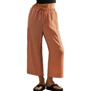 imageEVALESS Women Palazzo Pants Summer Casual Wide Leg High Waist Lounge Flowy Beach Striped Trousers Travel Vacation OutfitsYellow Stripe