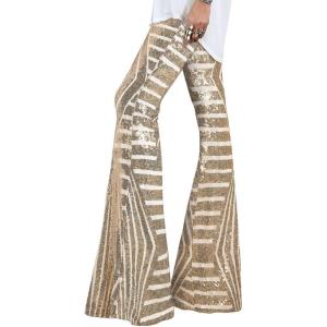 imageEVALESS Women Sequin Pants Sparkly Glitter High Waisted Wide Leg Flare Trousers Bell Bottom Night Out ClubwearApricot