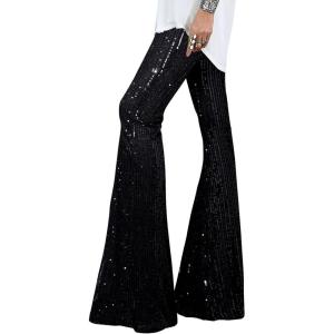 imageEVALESS Women Sequin Pants Sparkly Glitter High Waisted Wide Leg Flare Trousers Bell Bottom Night Out ClubwearBlack