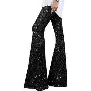 imageEVALESS Women Sequin Pants Sparkly Glitter High Waisted Wide Leg Flare Trousers Bell Bottom Night Out ClubwearBlack Stripe