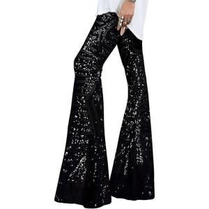 imageEVALESS Women Sequin Pants Sparkly Glitter High Waisted Wide Leg Flare Trousers Bell Bottom Night Out ClubwearBlackblack
