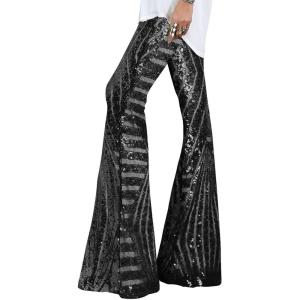 imageEVALESS Women Sequin Pants Sparkly Glitter High Waisted Wide Leg Flare Trousers Bell Bottom Night Out ClubwearBlackwhite