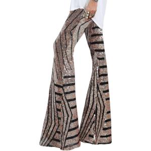 imageEVALESS Women Sequin Pants Sparkly Glitter High Waisted Wide Leg Flare Trousers Bell Bottom Night Out ClubwearBrown
