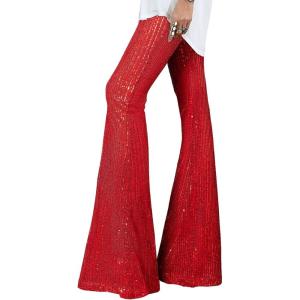 imageEVALESS Women Sequin Pants Sparkly Glitter High Waisted Wide Leg Flare Trousers Bell Bottom Night Out ClubwearFiery Red