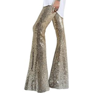 imageEVALESS Women Sequin Pants Sparkly Glitter High Waisted Wide Leg Flare Trousers Bell Bottom Night Out ClubwearGradient Gold Silver