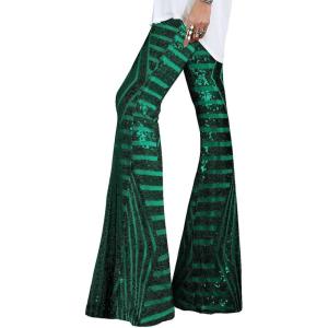 imageEVALESS Women Sequin Pants Sparkly Glitter High Waisted Wide Leg Flare Trousers Bell Bottom Night Out ClubwearGreen