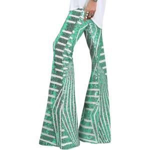 imageEVALESS Women Sequin Pants Sparkly Glitter High Waisted Wide Leg Flare Trousers Bell Bottom Night Out ClubwearLight Green