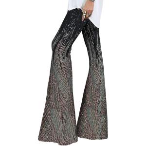 imageEVALESS Women Sequin Pants Sparkly Glitter High Waisted Wide Leg Flare Trousers Bell Bottom Night Out ClubwearMulticolor