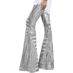 imageEVALESS Women Sequin Pants Sparkly Glitter High Waisted Wide Leg Flare Trousers Bell Bottom Night Out ClubwearSilver