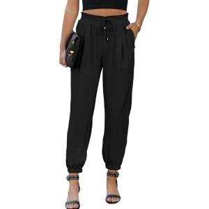 imageEVALESS Womens 2025 Summer Casual Pants Drawstring Elastic High Waisted Work Trousers Joggers Trendy Harem Pants with PocketsB Black
