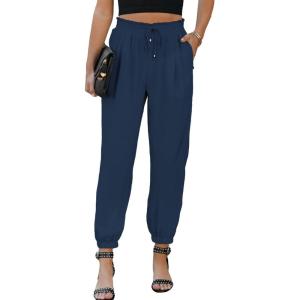 imageEVALESS Womens 2025 Summer Casual Pants Drawstring Elastic High Waisted Work Trousers Joggers Trendy Harem Pants with PocketsB Blue