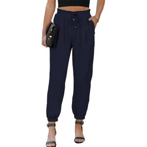 imageEVALESS Womens 2025 Summer Casual Pants Drawstring Elastic High Waisted Work Trousers Joggers Trendy Harem Pants with PocketsB Blue01