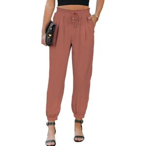 imageEVALESS Womens 2025 Summer Casual Pants Drawstring Elastic High Waisted Work Trousers Joggers Trendy Harem Pants with PocketsB Brown