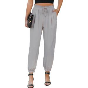 imageEVALESS Womens 2025 Summer Casual Pants Drawstring Elastic High Waisted Work Trousers Joggers Trendy Harem Pants with PocketsB Gray