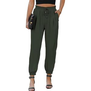 imageEVALESS Womens 2025 Summer Casual Pants Drawstring Elastic High Waisted Work Trousers Joggers Trendy Harem Pants with PocketsB Green