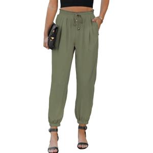 imageEVALESS Womens 2025 Summer Casual Pants Drawstring Elastic High Waisted Work Trousers Joggers Trendy Harem Pants with PocketsB Green01