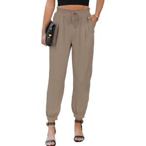 imageEVALESS Womens 2025 Summer Casual Pants Drawstring Elastic High Waisted Work Trousers Joggers Trendy Harem Pants with PocketsB Khaki