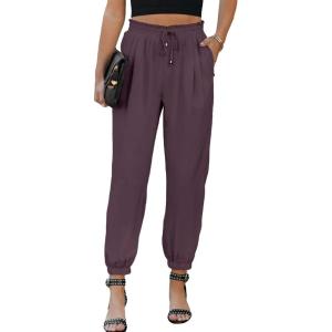 imageEVALESS Womens 2025 Summer Casual Pants Drawstring Elastic High Waisted Work Trousers Joggers Trendy Harem Pants with PocketsB Purple