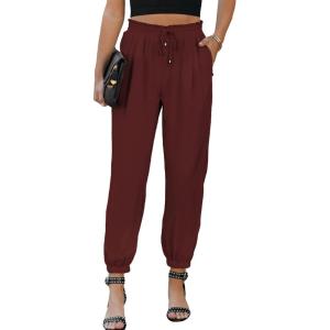 imageEVALESS Womens 2025 Summer Casual Pants Drawstring Elastic High Waisted Work Trousers Joggers Trendy Harem Pants with PocketsB Red