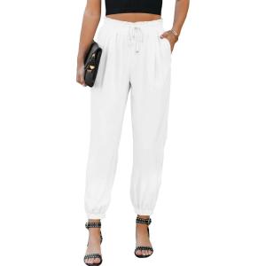 imageEVALESS Womens 2025 Summer Casual Pants Drawstring Elastic High Waisted Work Trousers Joggers Trendy Harem Pants with PocketsB White