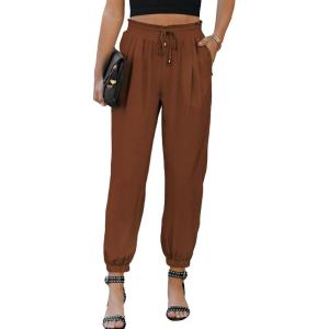 imageEVALESS Womens 2025 Summer Casual Pants Drawstring Elastic High Waisted Work Trousers Joggers Trendy Harem Pants with PocketsC Brown