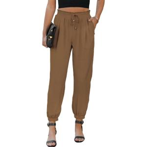 imageEVALESS Womens 2025 Summer Casual Pants Drawstring Elastic High Waisted Work Trousers Joggers Trendy Harem Pants with PocketsC Khaki