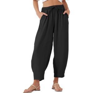 imageEVALESS Womens Summer High Waisted Baggy Pants Casual Ankle Length Trouser Slacks with PocketsBlack