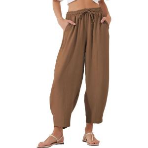 imageEVALESS Womens Summer High Waisted Baggy Pants Casual Ankle Length Trouser Slacks with PocketsChestnut
