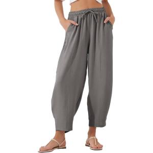 imageEVALESS Womens Summer High Waisted Baggy Pants Casual Ankle Length Trouser Slacks with PocketsDark Grey