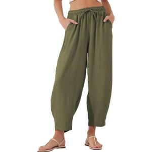 imageEVALESS Womens Summer High Waisted Baggy Pants Casual Ankle Length Trouser Slacks with PocketsJungle Green