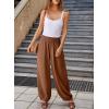 imageEVALESS Womens Wide Leg Baggy Pants Elastic High Waisted Casual Harem Pants Trousers with PocketsBrown