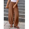 imageEVALESS Womens Wide Leg Baggy Pants Elastic High Waisted Casual Harem Pants Trousers with PocketsBrown