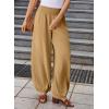 imageEVALESS Womens Wide Leg Baggy Pants Elastic High Waisted Casual Harem Pants Trousers with PocketsLight Brown