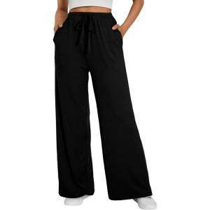 imageEVALESS Wide Leg Pants for Women Drawstring Elastic Waist Stripe Ribbed Sweatpants with PocketsBlack
