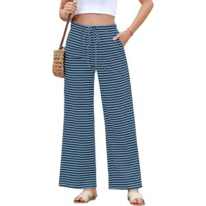 imageEVALESS Wide Leg Pants for Women Drawstring Elastic Waist Stripe Ribbed Sweatpants with PocketsBlack and Blue