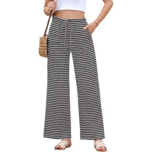 imageEVALESS Wide Leg Pants for Women Drawstring Elastic Waist Stripe Ribbed Sweatpants with PocketsBlack and Grey