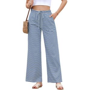 imageEVALESS Wide Leg Pants for Women Drawstring Elastic Waist Stripe Ribbed Sweatpants with PocketsBlue and White