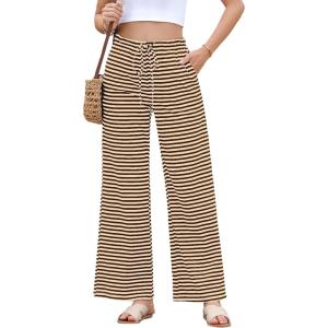 imageEVALESS Wide Leg Pants for Women Drawstring Elastic Waist Stripe Ribbed Sweatpants with PocketsBrown Striped
