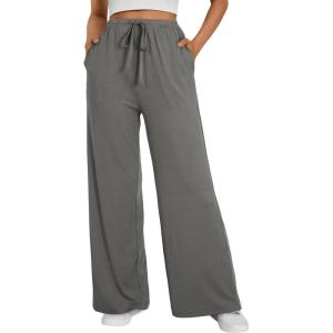imageEVALESS Wide Leg Pants for Women Drawstring Elastic Waist Stripe Ribbed Sweatpants with PocketsGrey