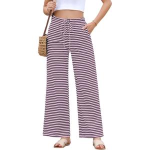 imageEVALESS Wide Leg Pants for Women Drawstring Elastic Waist Stripe Ribbed Sweatpants with PocketsPurple Striped