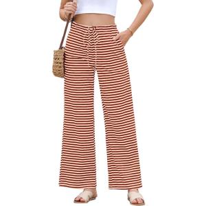 imageEVALESS Wide Leg Pants for Women Drawstring Elastic Waist Stripe Ribbed Sweatpants with PocketsRed and White