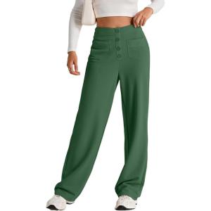 imageEVALESS Womens Spring 2025 Dress Pants High Waist Straight Leg Pants Button Down Bottoms Work Pants Trousers with PocketsBlackish Green