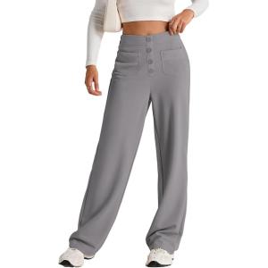 imageEVALESS Womens Spring 2025 Dress Pants High Waist Straight Leg Pants Button Down Bottoms Work Pants Trousers with PocketsC Gray